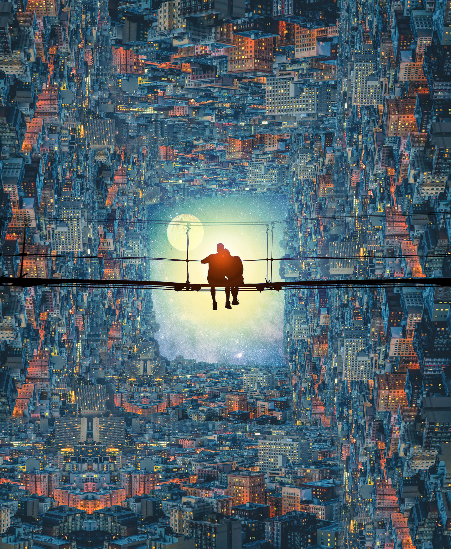 Concept art di due persone sedute su un ponte mentre osservano la luna e le stelle in un paesaggio metafisico